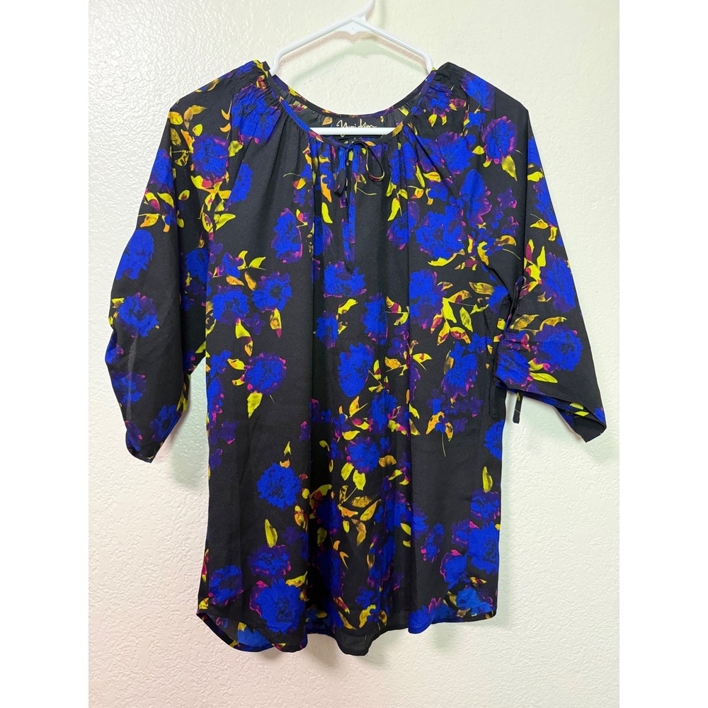 Yumi Kim Black Blue Floral Split Neck Tie 3/4 Sleeve Blouse Small